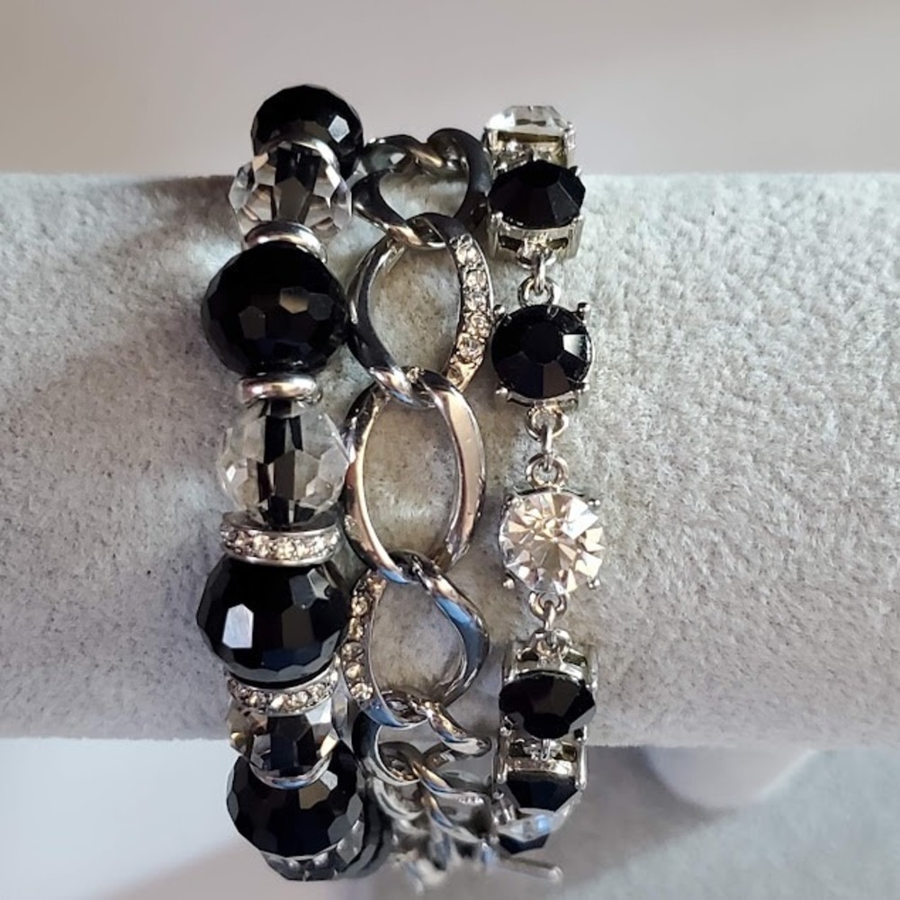 White House Black Market Silver Tone Black Clear Crystal Multi Strand Bracelet